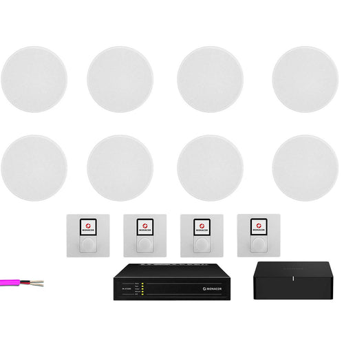 4 Zone Sonos Multi-Room System with White Wall Controls & 8x Monitor Audio C165 Ceiling Speakers